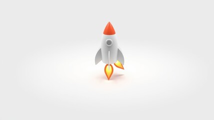 Fototapeta premium Simple rocket illustration. White body, orange tip, flames visible. Clean background provides focus on subject. Minimalist design.