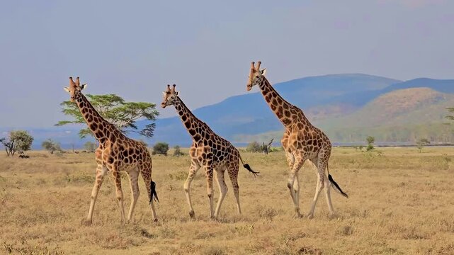 Giraffes Slowly Walking Across Dry Savanna Landscape