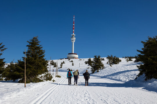 Praded, Jeseniky mountains, Czech Republic, Czechia. Hikers are walking in the nature towards television and communications tower and transmitter. Hiking during sunny winter. White snow and blue sky.