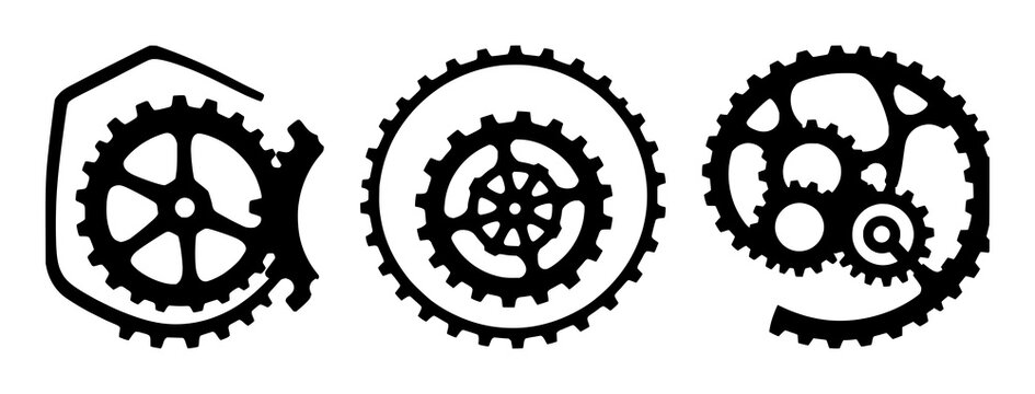 Gear and cogwheel interlocking silhouette set with simple silhouette design featuring gears, mechanical, engineering with black and white and line art