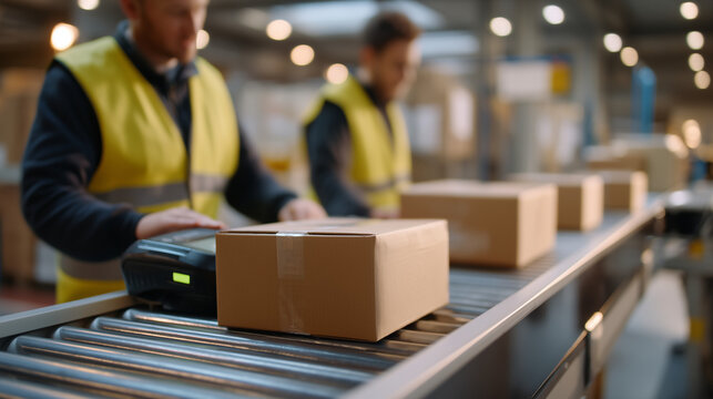 Workers organizing colorful monthly subscription boxes on industrial warehouse conveyor system, barcode scanners glowing, stacked cardboard ready for shipment, fulfillment center efficiency in actio