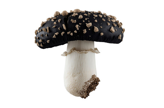 Poisonous mushroom with black cap and white stalk