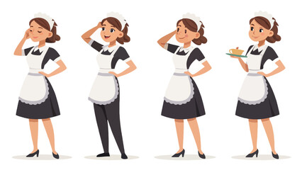 Obraz premium A cartoon illustration of a maid in various poses, showcasing different expressions and actions.