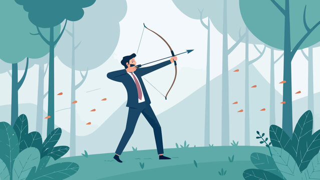 A businessman in a suit aims a bow and arrow in a forest with trees and foliage