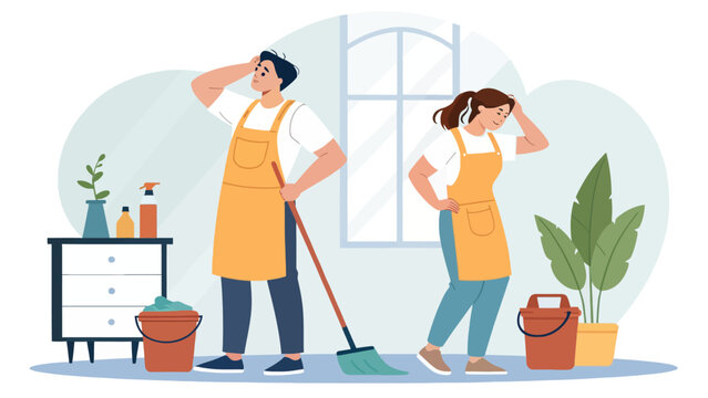 A cartoon illustration of a man and woman wearing aprons and cleaning supplies, looking stressed in a tidy room.