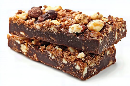 Chocolate nut energy bars isolated on white background