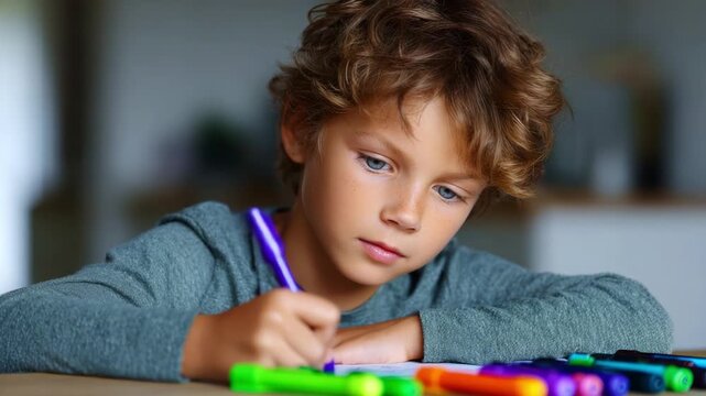 Focused Child Engaged in Creative Drawing with Colorful Markers on a Sheet of Paper, Demonstrating Expression and Concentration in a Bright Environment