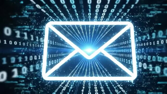 Glowing blue email icon on digital background with binary code