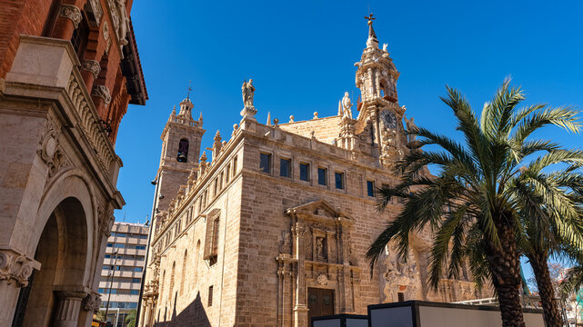 Facade of the parish church of Santos Juanes in the city center of Valencia, Spain.