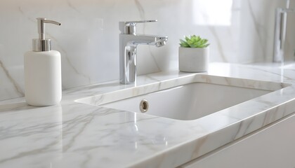 Fototapeta premium Marble Counter with One Soap Dispenser and Tiny Plant Interior Mockup