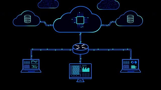 Cloud networking, database computing. Multi cloud server computing services connected. Web service technology. Network data exchange flow. Data flow topology from server to storage.