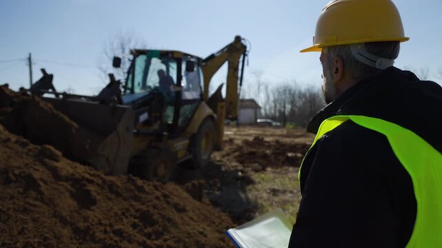 A powerful backhoe loader digging into a soil pile and moving towards the camera while a construction supervisor in a hard hat monitors the earthwork process.