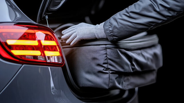 Security officer checking a car trunk, wearing an orange high visibility jacket and protective gloves, ensuring security and inspection protocol adherence for vehicle content