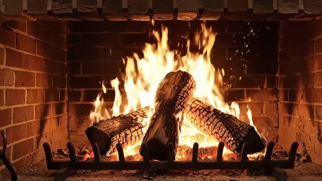 A fire is burning in a brick fireplace with a metal grate