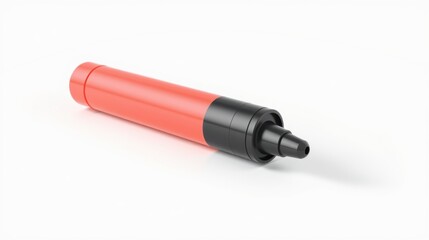 Fototapeta premium Coral marker rests diagonally. Black grip section contrasts vibrant body. Simple design, clean presentation, studio lighting.