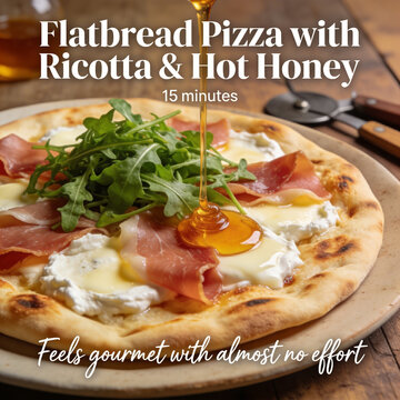 Delicious flatbread pizza with ricotta, prosciutto, and hot honey on a wooden table