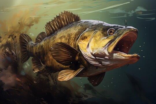 Largemouth bass predator fish with mouth open attempting to catch a fishing lure underwater