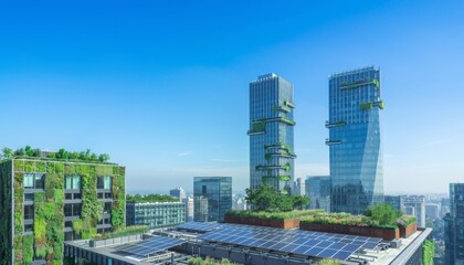 Naklejka premium Green city skyline featuring sustainable architecture and solar panels