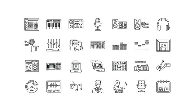 Music production icons set for audio editing software interface