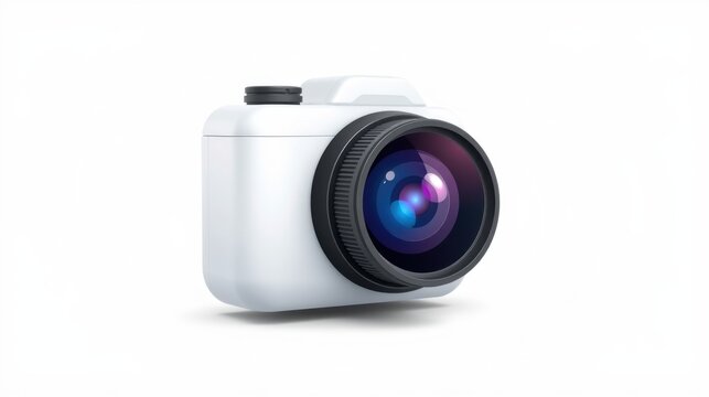 White camera shown. Lens prominent, sleek design. Minimalist aesthetic, studio shot. Clean background, focus on device.