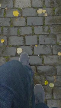 POV: person's legs going in rain on damp granite paving slabs covered with fallen yellow leaves. Point of view of men feets are dressed in jeans and boots walks along wet sidewalk with autumn foliage