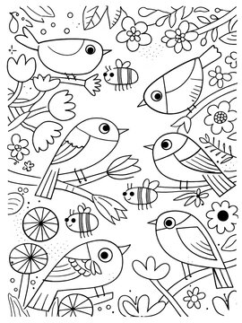 Cute Spring Birds Coloring Page with Bees and Flowers