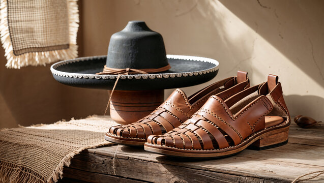 A pair of handcrafted brown leather huarache sandals are presented on a rustic wood surface, alongside a traditional black sombrero and natural woven textures, under warm, natural sunlight