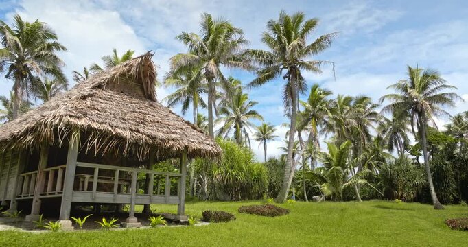 Tana Island, tropical paradise, Vanuatu village. Thatched hut bungalow under blue sky, surrounded by tall palm trees and lush green lawn and vegetation creating a tranquil scene. Zoom out panorama