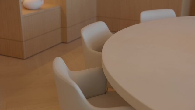 Round wood table stands in warm room, soft chairs form calm circle, gentle light shows clean lines. Simple shapes and warm tones create quiet modern space.