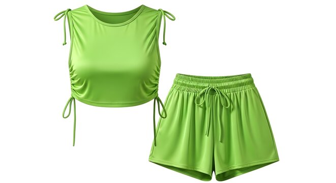 Lime green satin two-piece outfit, women's summer clothing set, fashion ensemble, green silk-like shorts and top
