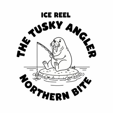 Walrus holding fishing rod on ice.