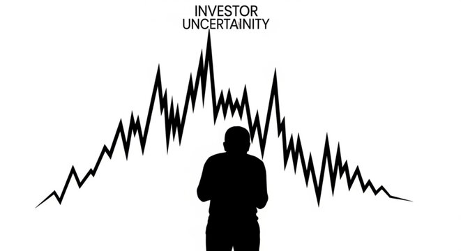 Minimalist vector illustration of a silhouette investor contemplating a jagged line graph labeled 'Investor Uncertainty', symbolizing market volatility, financial risk, and economic anxiety.