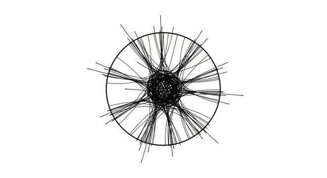 Abstract black lines radiating from a central point within a circle, representing a neural network or complex system.