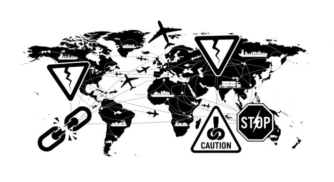 World map with interconnected lines showing global trade routes and icons representing risks and disruptions like broken chains and stop signs.