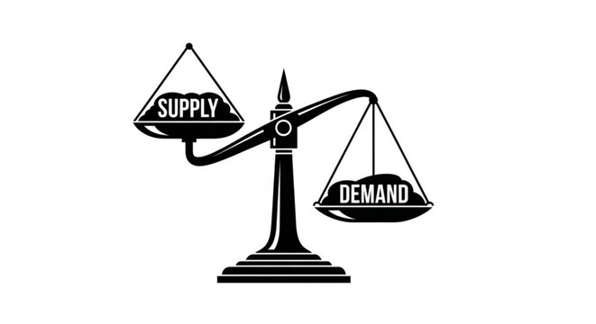 A balanced scale weighing 'Supply' on one side and 'Demand' on the other, symbolizing economic equilibrium and market forces.