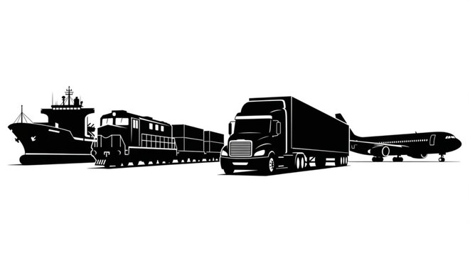 Silhouette of diverse transportation modes including a cargo ship, train, truck, and airplane in a line.