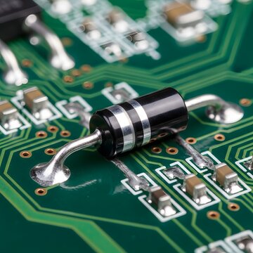 Close up view of green printed circuit board with soldered zener diode and other electronic components.