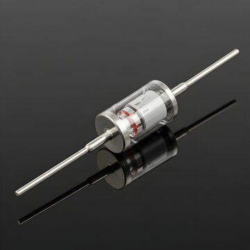Close up of clear glass diode with internal components and metal leads.