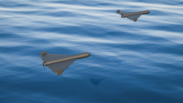 3d render of Shahed style one-way attack drones flying over ocean