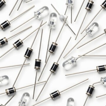 Electronic components collection including light emitting diodes and silicon rectifiers on white surface.