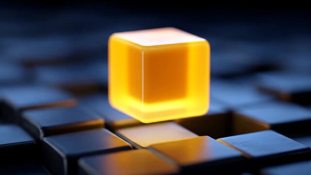 Glowing cube illuminated above metallic surface abstract digital design