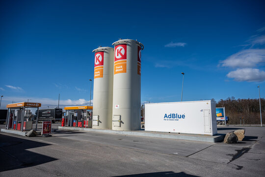 Gothenburg, Sweden - March 27 2023: Truck diesel fuel station with large industrial tanks.