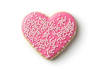 Fototapeta premium Heart shaped cookie with pink icing and white sprinkles isolated on white background