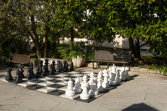 A wide-angle view of a giant outdoor chess set placed on a patio in a lush Sochi park, surrounded by greenery and park benches under the bright winter sun. 