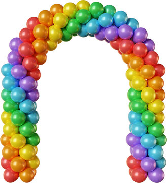 Vibrant rainbow balloon arch isolated on a transparent background. Realistic balloon garland in arc shape, perfect for kids design, Pride celebration, party decor, birthday, invitations, and posters.
