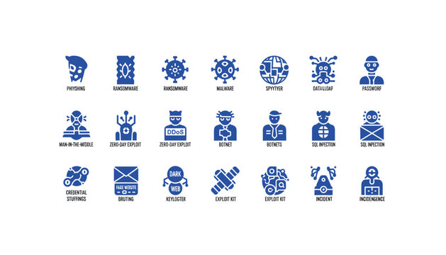 Cybersecurity threats and attacks icons set for secure online protection