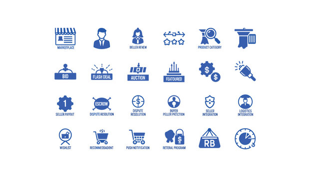E-commerce icons for marketplace and business operations