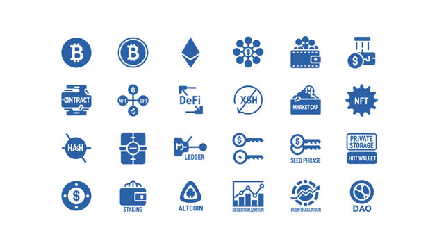 Cryptocurrency and blockchain icons for business and finance