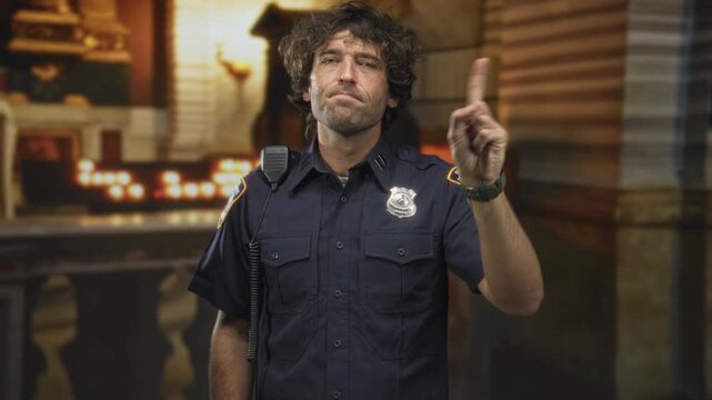 Man police officer in uniform with badge and radio raises index finger in a pointing gesture inside building lobby; authority caution.