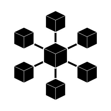 Central Node Linked to Distributed Cubes Line Art &ndash; Blockchain Network Technology Icon